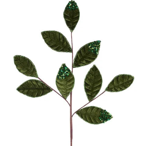 27"L VELVET GLITTER MAGNOLIA LEAF SPRAY X9 - MOSS GREEN - XS255234