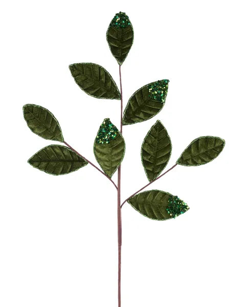 27"L VELVET GLITTER MAGNOLIA LEAF SPRAY X9 - MOSS GREEN - XS255234
