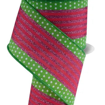 2.5"X10YD VERTICAL STRIPE/POLKA DOT EDGE - WHITE/GREEN/BRIGHT RED/PINK - RGF156609