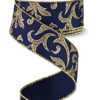 1.5"X10YD ACANTHUS LEAF - NAVY BLUE/GOLD - RGE184219