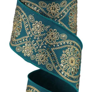 2.5"X10YD DELUXE WAVY FLORAL - DARK TEAL/GOLD - RGE196271