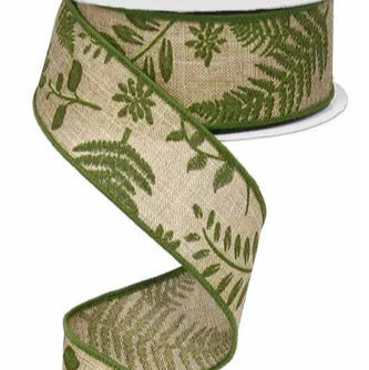 1.5"X10YD EMBROIDERED GREENERY - LIGHT BEIGE/GREEN - RG01308XW