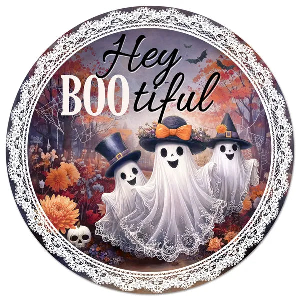 12"DIA "HEY BOO-TIFUL" W/GHOSTS SIGN - WHITE/ORANGE/BLACK - MD1895M3