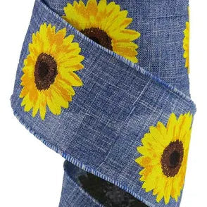 2.5"X10YD BOLD SUNFLOWER ON ROYAL - DENIM/YELLOW/ORANGE/BROWN - RG0181365