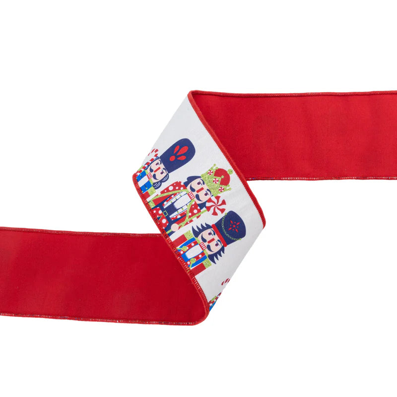 4"X10YD WIRED REVERSIBLE DUPIONI RIBBON - PRINTED NUTCRACKER W RED BACKING - LA RIBBON - 9001W-036-100E
