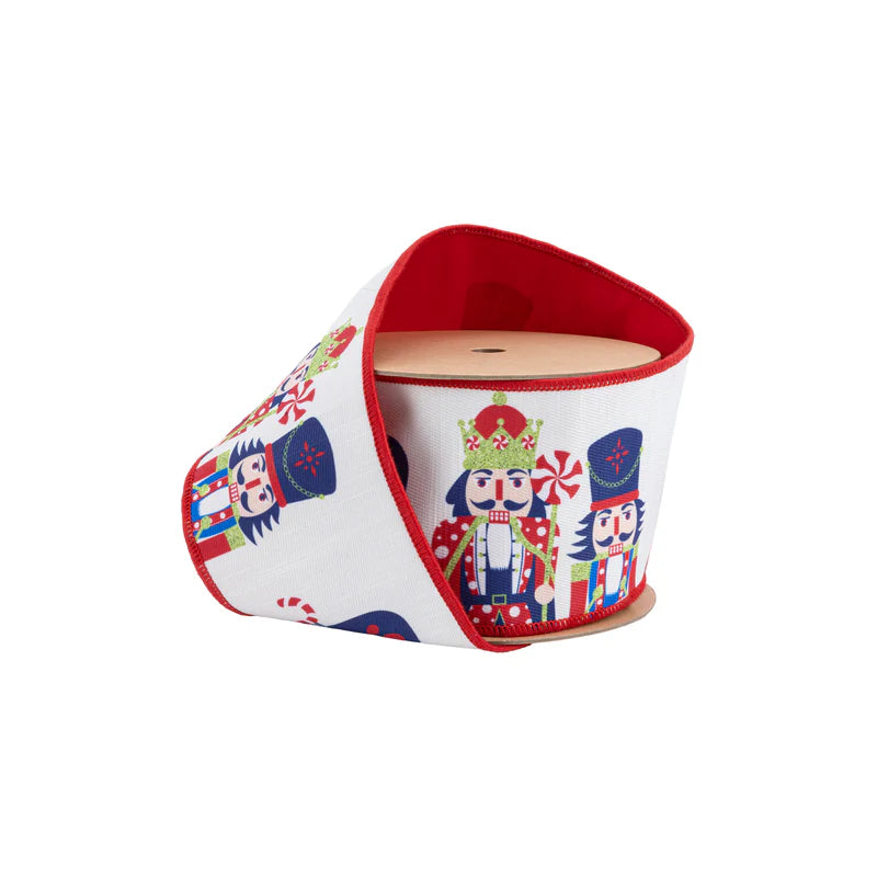 4"X10YD WIRED REVERSIBLE DUPIONI RIBBON - PRINTED NUTCRACKER W RED BACKING - LA RIBBON - 9001W-036-100E