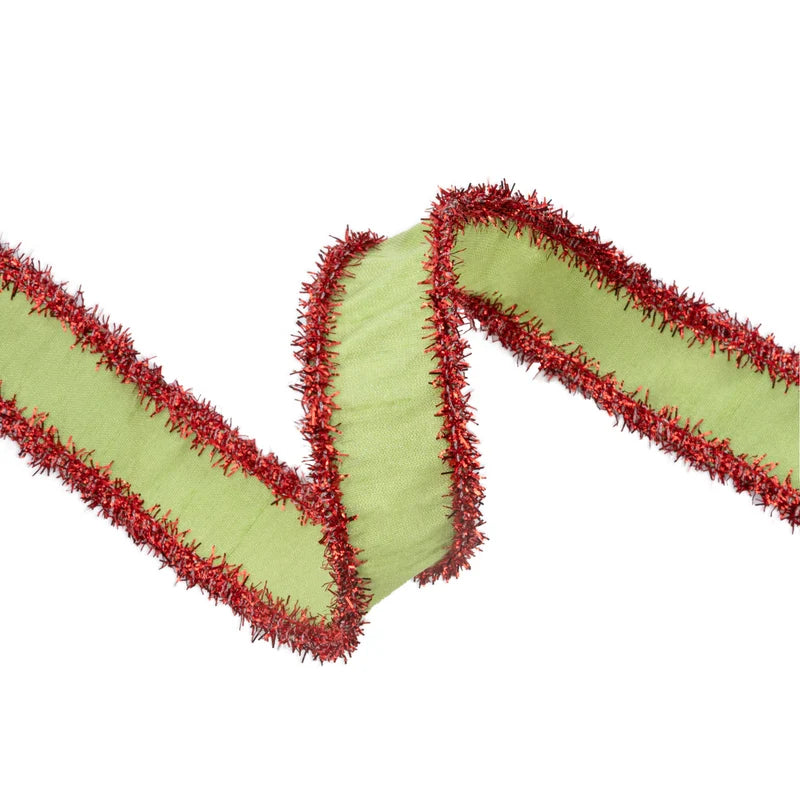 1"X10YD WIRED DUPIONI RIBBON - GREEN APPLE W/ RED TINSEL EDGING - 9121W-548-25E