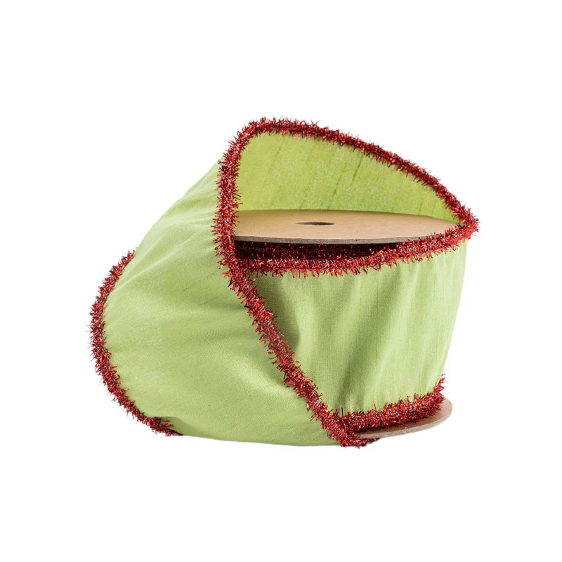 2.5"X10YD WIRED DUPIONI RIBBON - GREEN APPLE W/RED TINSEL EDGING - 9121W-548-63E
