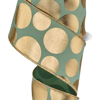 2.5"X10YD GOLD 3 SIZE MULTI DOTS - SAGE/GOLD - RGF1136H2