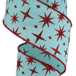 2.5"X10YD RETRO STARS ON ROYAL BURLAP - ICE BLUE/RED - RGB1128H1