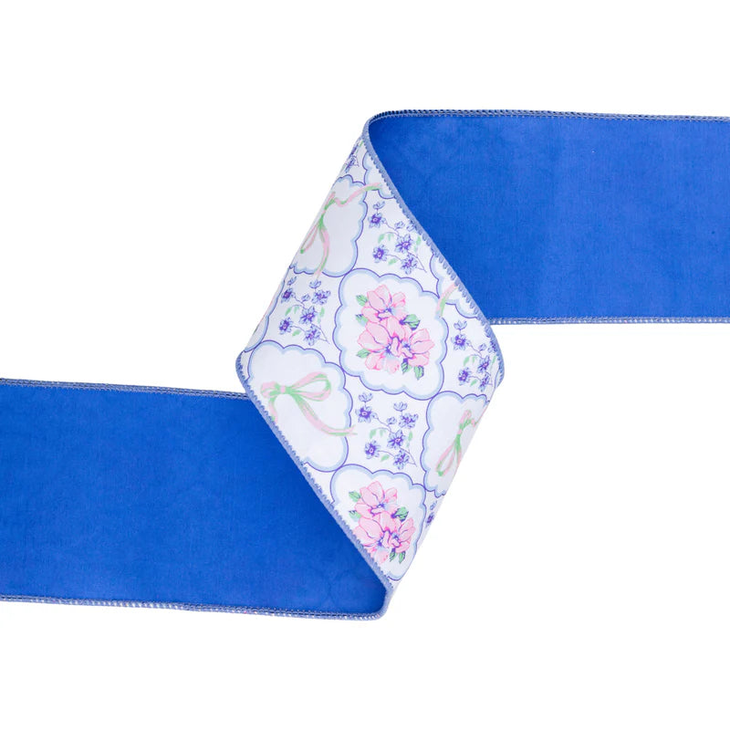 4"X10YD WIRED DUPIONI RIBBON - BOWS AND FLORAL DIAMONDS W/ BLUE BACKING - 9361W-464-100E
