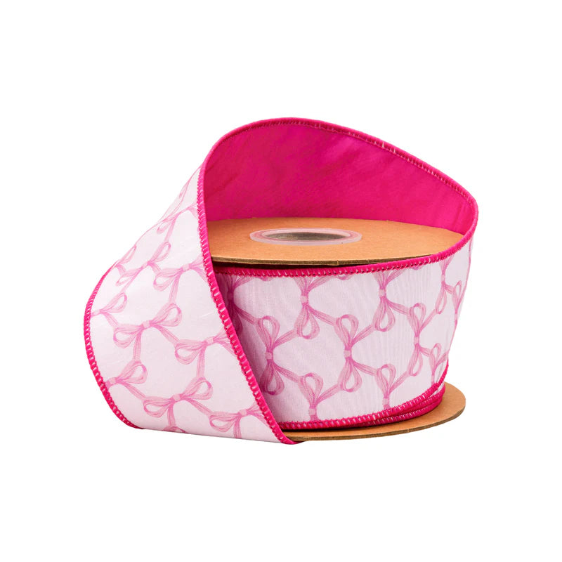 2.5"X10YD WIRED DUPIONI RIBBON - PINK BOWS ON WHITE W/ PINK BACKING - 9362W-156-63E