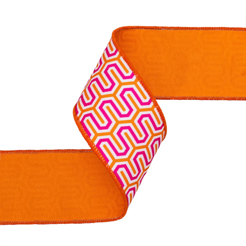 2.5"X10YD WIRED DUPIONI RIBBON - PINK/ORANGE/WHITE GEOMETRIC W/ ORANGE BACKING - 9398W-005-63E
