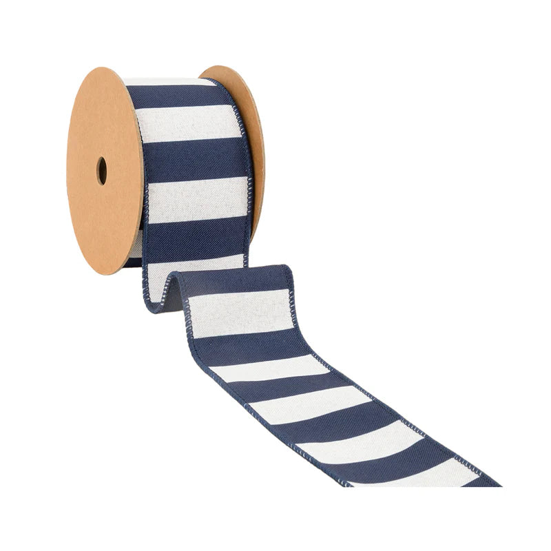 2.5"X10YD WIRED RIBBON - CABANA HORIZONTAL STRIPE NAVY - 9555W-370-63E