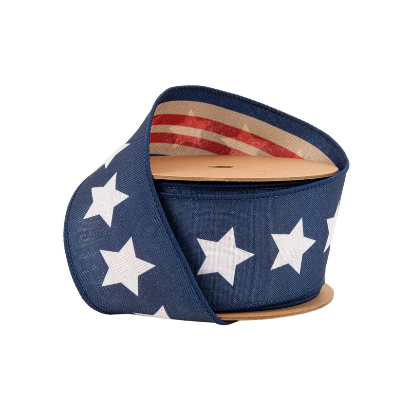 2.5"X10YD WIRED RIBBON - NATURAL PATRIOTIC BLUE STAR - 9556W-032-63C