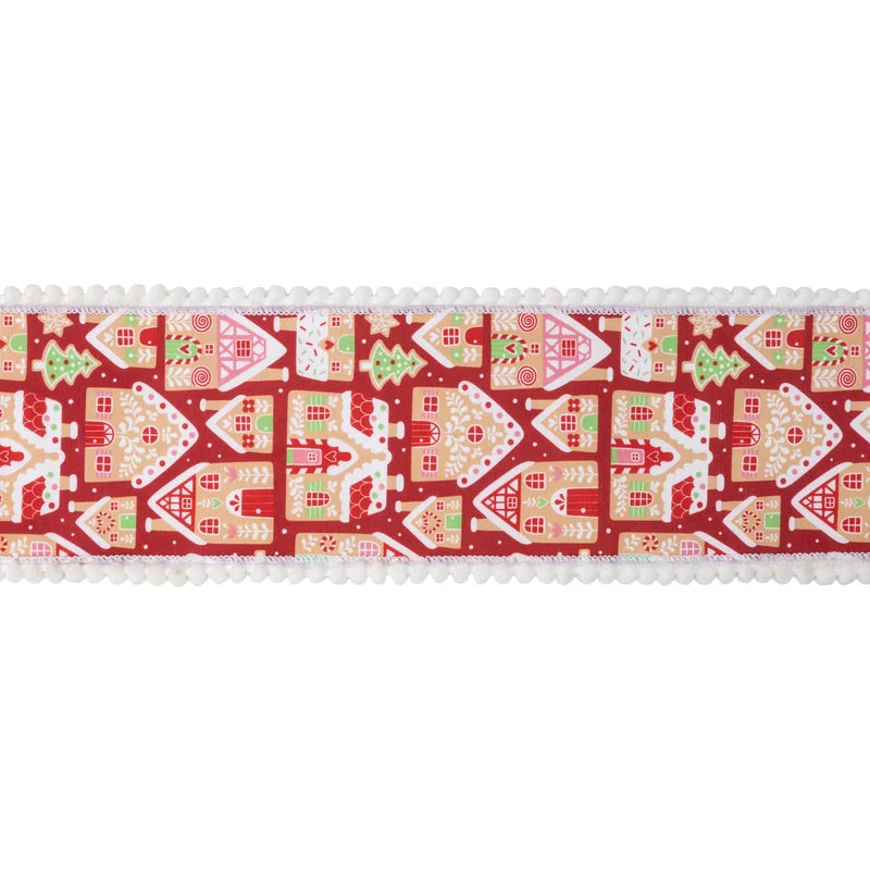 4"X10YD WIRED DUPIONI RIBBON - GINGERBREAD HOUSES ON RED W/ WHITE BACKING - 9725W-250-100E