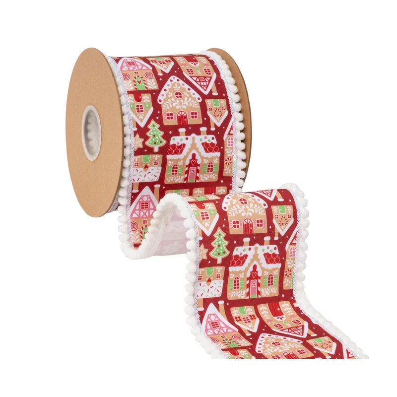 4"X10YD WIRED DUPIONI RIBBON - GINGERBREAD HOUSES ON RED W/ WHITE BACKING - 9725W-250-100E