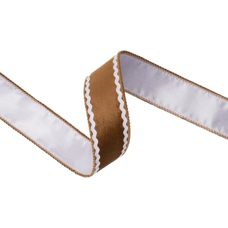 1.5"X10YD WIRED VELVET RIBBON - GINGERBREAD W/ WHITE BACKING - 9726W-743-38E