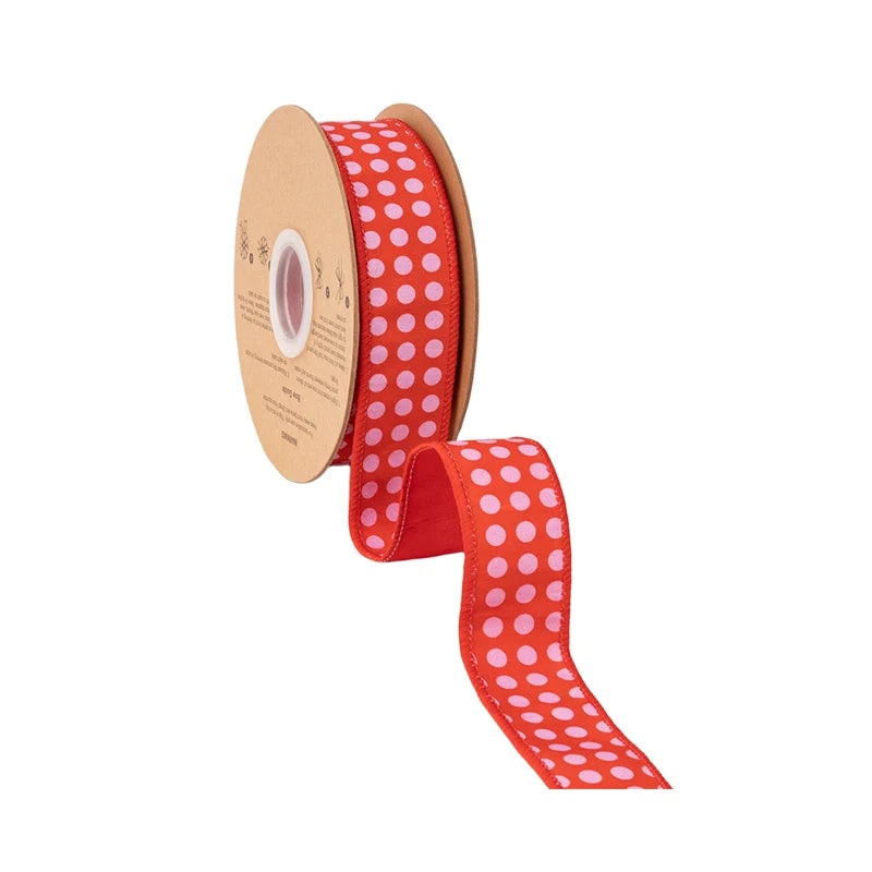 1.5"X10YD WIRED DUPIONI RIBBON - RED AND PINK POLKA DOTS W/ RED BACKING - 9734W-250-38E
