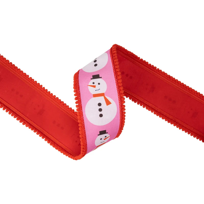 2.5"X10YD WIRED DUPIONI RIBBON - MODERN SNOWMAN ON PINK W/ RED BACKING - 9735W-250-63E
