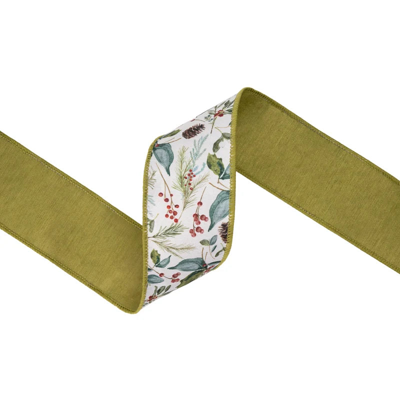 2.5"X10YD WIRED DUPIONI RIBBON - CHRISTMAS FLORAL AND BERRIES W/ GREEN BACKING - 9740W-570-63E