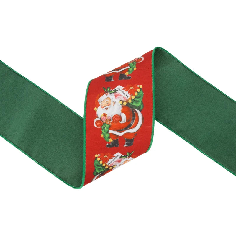4"X10YD WIRED DUPIONI RIBBON - RETRO SANTA W/ SACK WITH GREEN BACKING - 9749W-036-100E