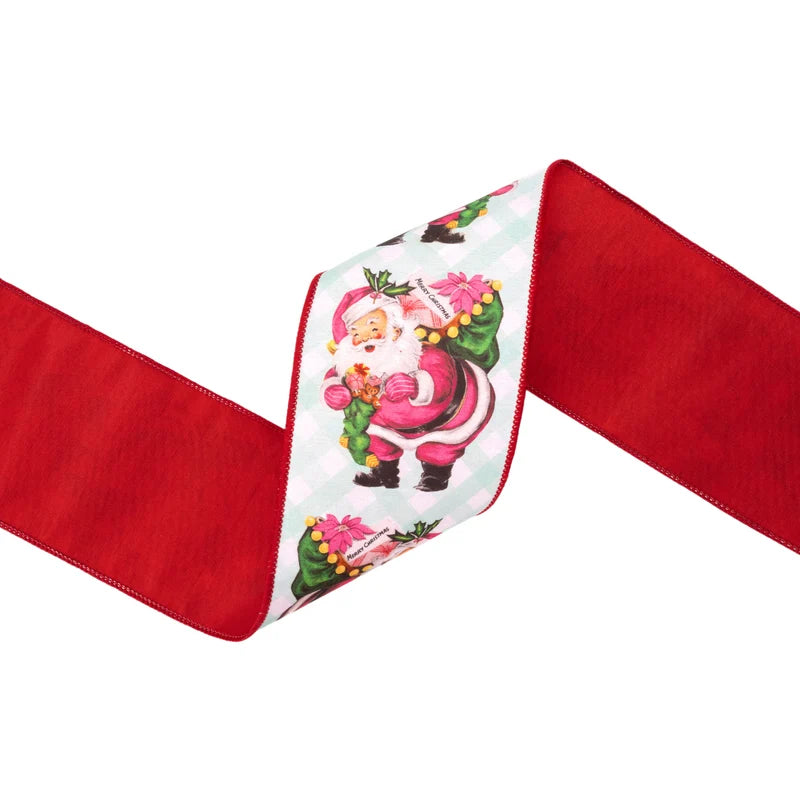 4"x10YD WIRED DUPIONI RIBBON - RETRO PINK SANTA W/ SACK ON GREEN CHECK W/ RED BACKING - 9752W-150-100E