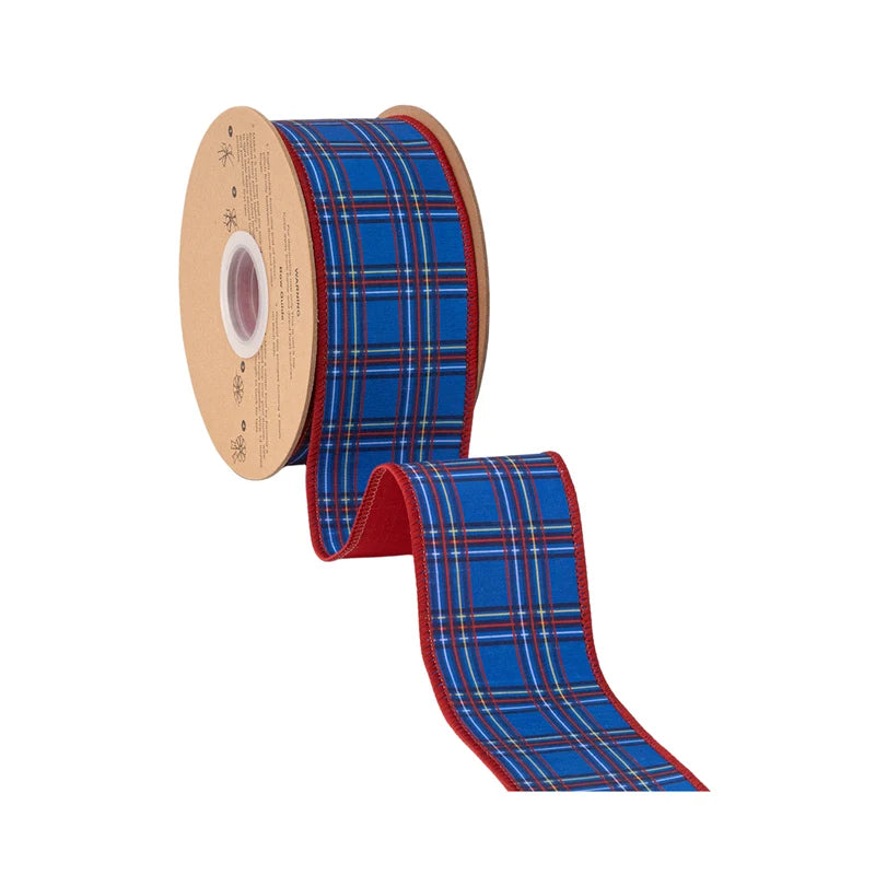 2.5"X10YD WIRED DUPIONI RIBBON - BLUE & RED PLAID W/ RED BACKING - 9753W-008-63E