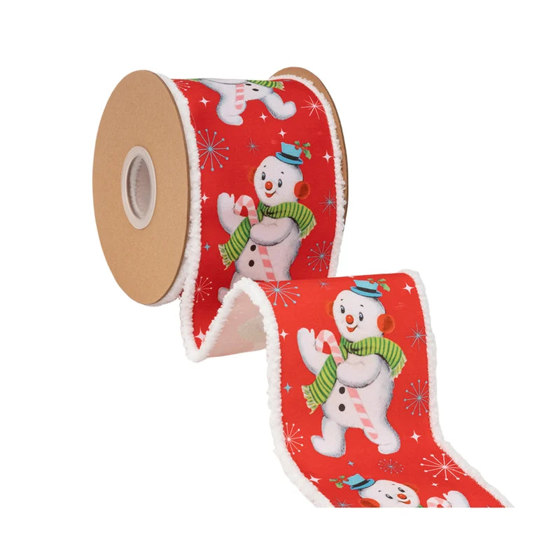4"X10YD WIRED DUPIONI RIBBON - RETRO SNOWMAN ON RED W/ POM POM EDGE W/ WHITE BACKING - 9757W-250-100E