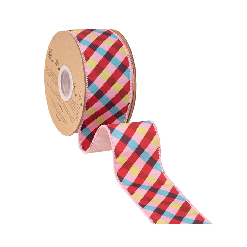 2.5"X10YD WIRED DUPIONI RIBBON - PINK/RED/BLUE BIAS PLAID W/ PINK BACKING - 9760W-005-63E
