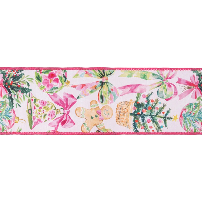 4"X10YD WIRED DUPIONI RIBBON - PINK BAUBLES AND BOWS W/ PINK BACKING - 9763W-005-100E
