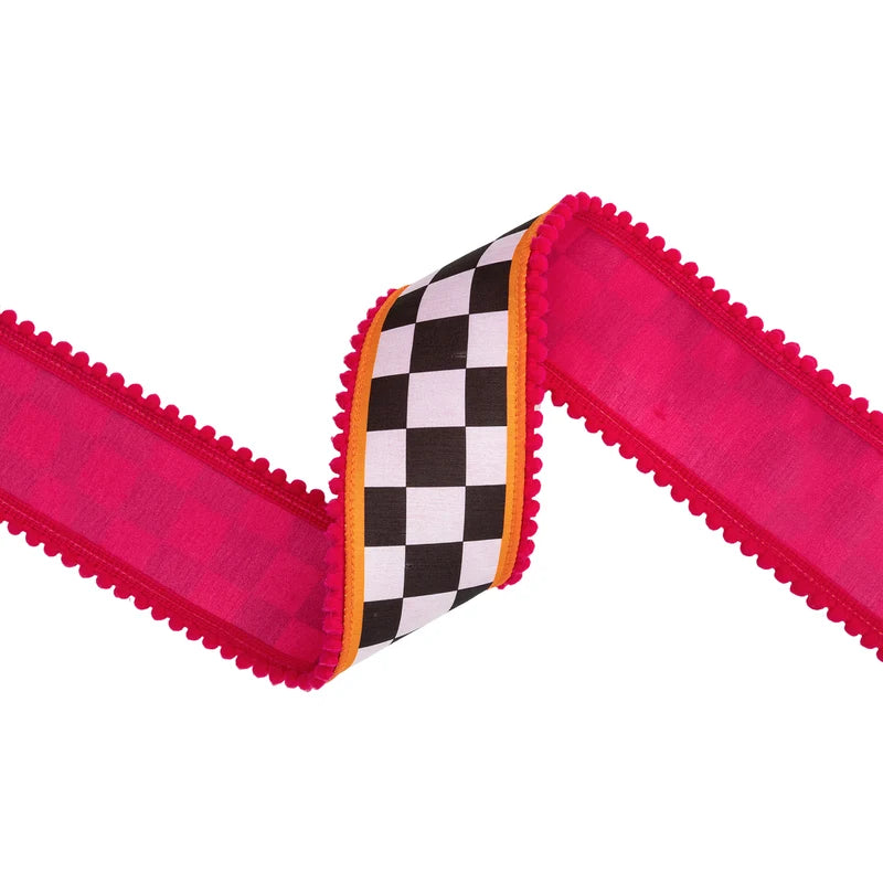 2.5"X10YD WIRED DUPIONI RIBBON - LARGE BLACK/WHITE CHECK WITH ORANGE & PINK POM POM EDGING W/ PINK BACKING - 9802W-031-63E