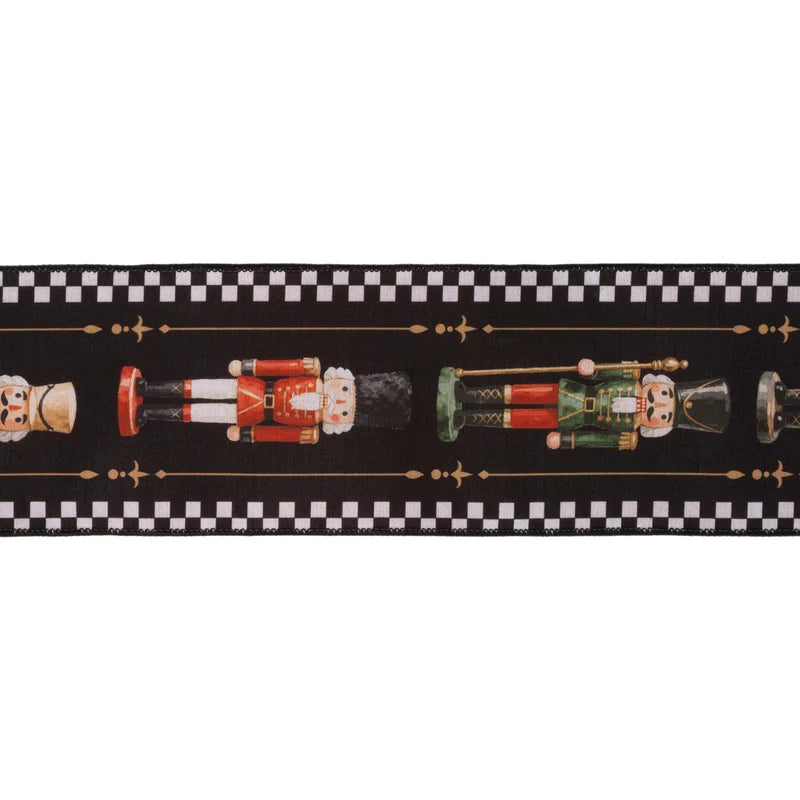 4"X10YD WIRED DUPIONI RIBBON - BLACK/WHITE CHECK NUTCRACKER ON BLACK W/ RED BACKING - 9809W-030-100E