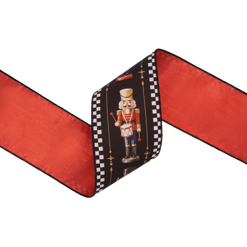 4"X10YD WIRED DUPIONI RIBBON - BLACK/WHITE CHECK NUTCRACKER ON BLACK W/ RED BACKING - 9809W-030-100E