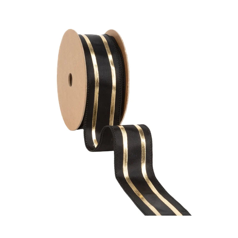 1.5"X10YD WIRED RIBBON - BLACK AND GOLD STRIPE - 9815W-030-38E