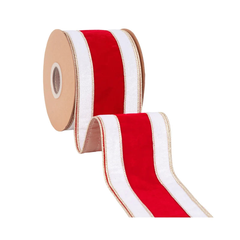4"X10YD WIRED VELVET RIBBON - RED/WHITE/GOLD BANDED W/GOLD BACKING - 9820W-010-100E