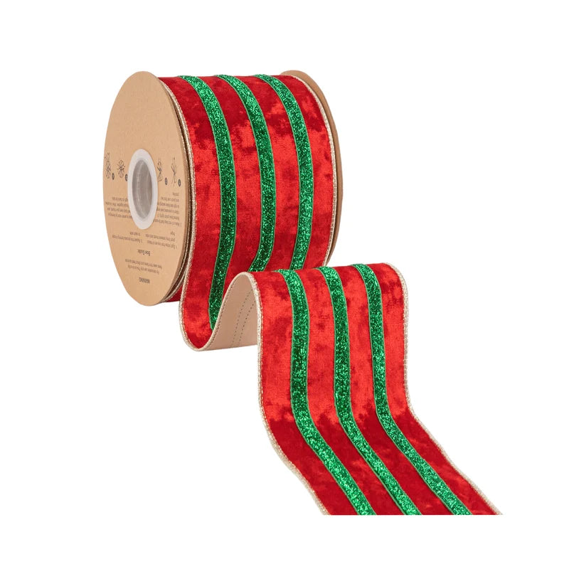4"X10YD WIRED VELVET RIBBON - RED W/ GREEN METALLIC TRIM W/ GOLD BACKING - 9826W-039-100E
