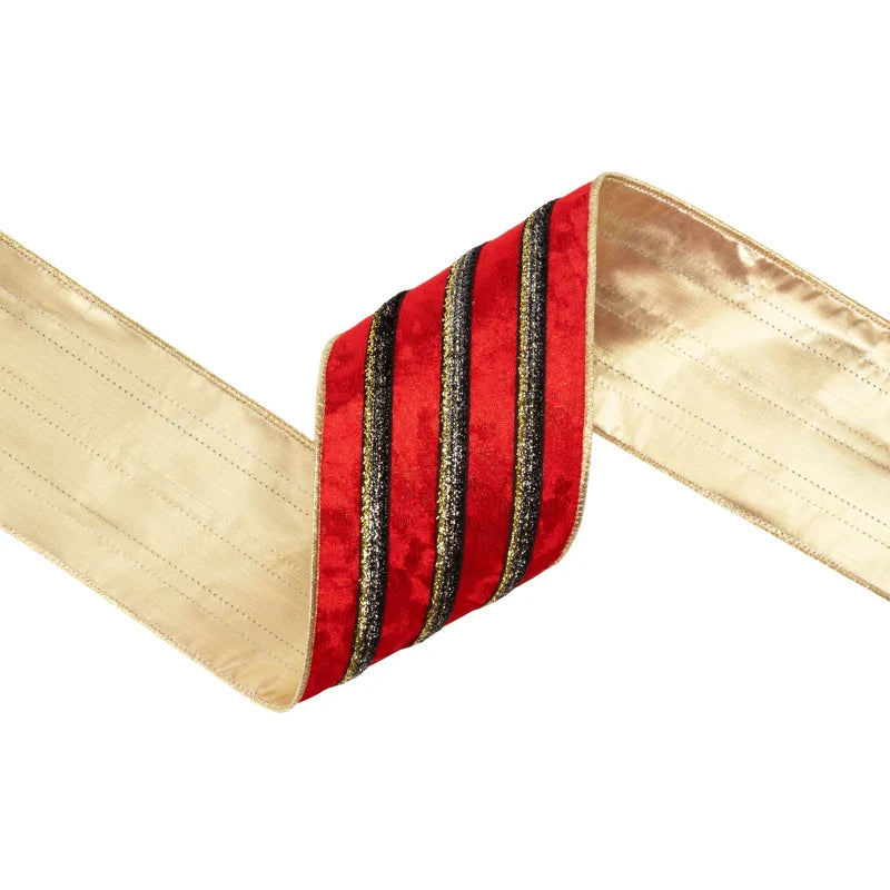 4"X10YD WIRED VELVET RIBBON - RED WITH BLACK/GOLD METALLIC TRIM W/ GOLD BACKING - 9826W-250-100E