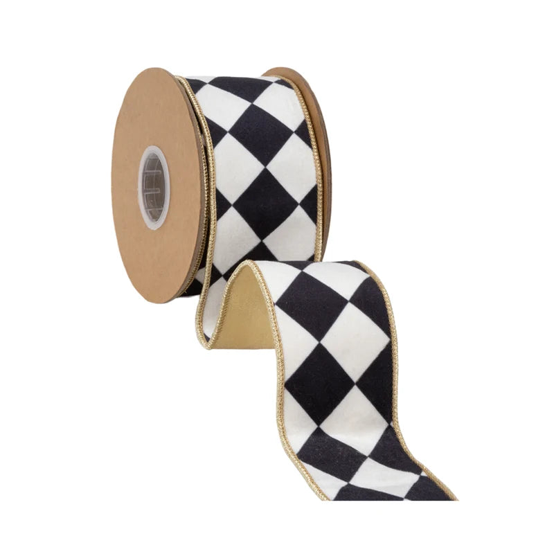 2.5"X10YD WIRED VELVET RIBBON - BLACK & WHITE RHOMBUS W/ METALLIC GOLD BACKING - 9839W-031-63E