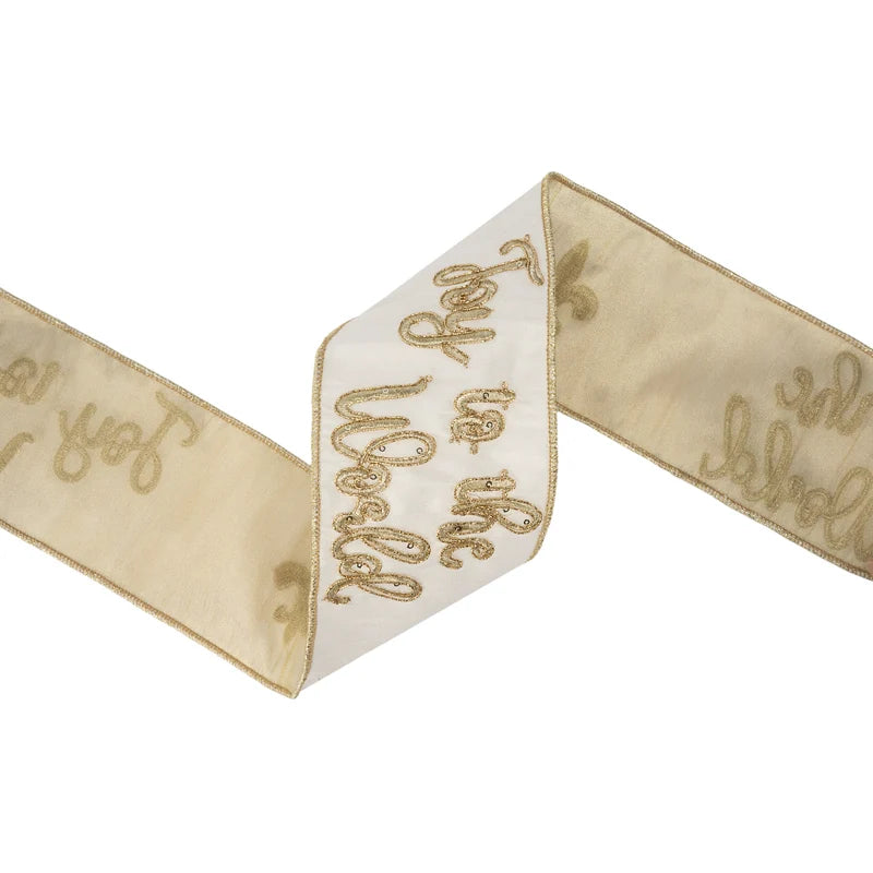 4"X10YD WIRED DUPIONI RIBBON - GOLD EMBROIDERED "JOY TO THE WORLD" - IVORY W/GOLD TISSUE BACKING - 9860W-002-100E
