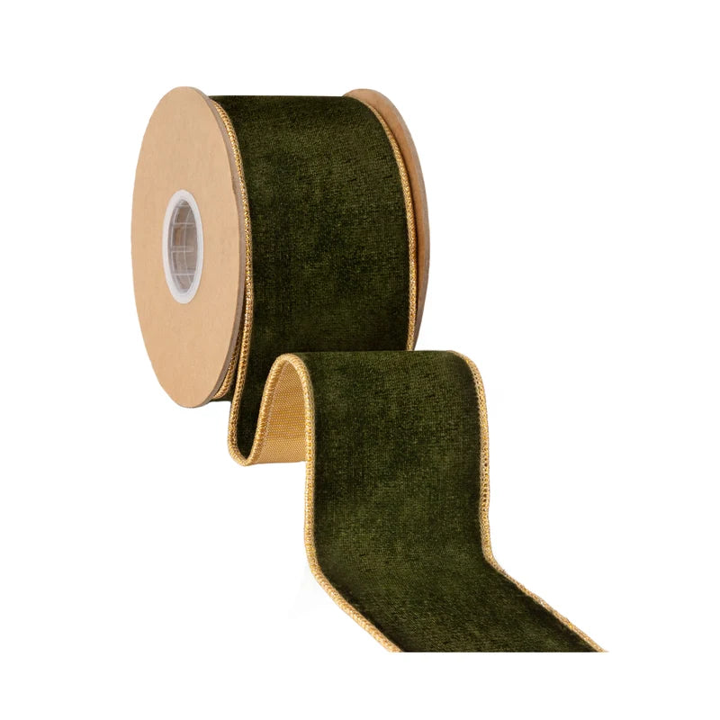 2.5"X10YD PREMIUM VELVET RIBBON - BROWN/GREEN W/ METALLIC GOLD BACKING - 9863W-850-63E