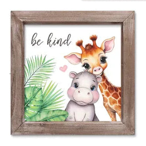 8"SQ JUNGLE BABY ANIMALS SIGN - BE KIND - AP041699