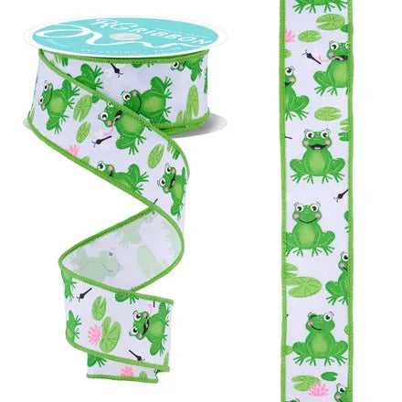 1.5"X10YD FROGS ON FAUX ROYAL - GREEN/WHITE/PINK - RGC120827