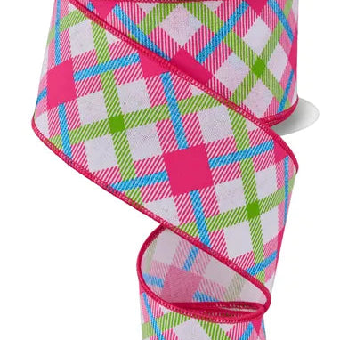 2.5"X10YD PRINTED PLAID ON ROYAL - WHITE/LIME/HOT PINK/BLUE - RGA143327