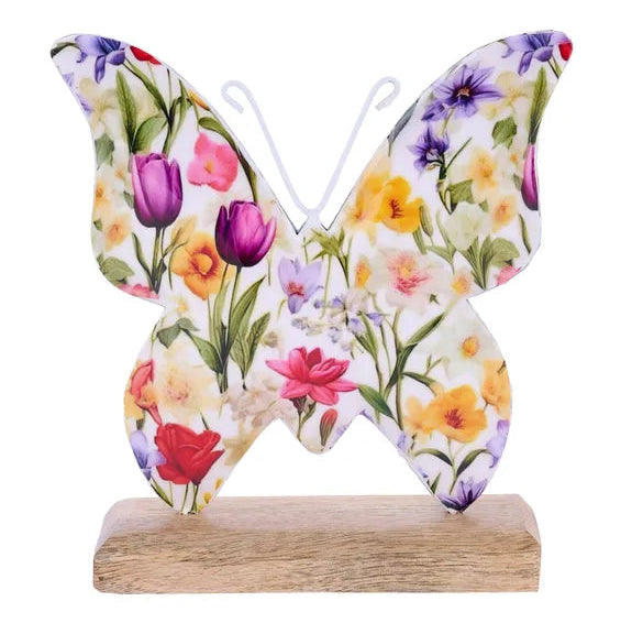 6.25"H X 5.75"L FLORAL BUTTERFLY ON BASE - LAVENDER/PINK/YELLOW - AW3044