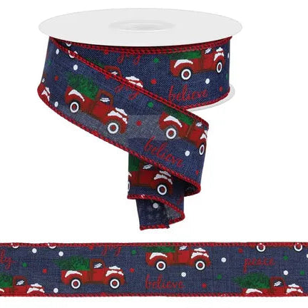 1.5"X10YD CHRISTMAS TRUCKS ON ROYAL - NAVY/WHITE/RED/GREEN - RGB100219