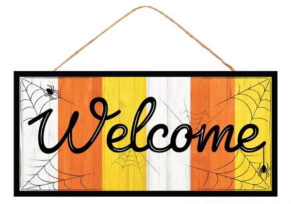 12.5"L CANDY CORN WELCOME SIGN - WHITE/BLACK/YELLOW/ORANGE - AP7347