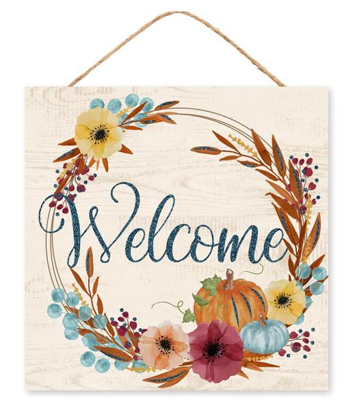 10"SQ WELCOME FALL GLITTER SIGN - CREAM/RUST/ORANGE/BURGUNDY/TURQUOISE - AP8967
