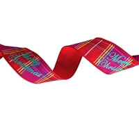 2.5"X10YD MERRY CHRISTMAS EMBROIDERY IN BLUE THREAD ON RED/PINK/GOLD PLAID WITH PINK SHEER BACK RED - DCR2A2725