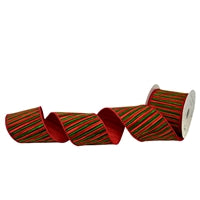 4"X10YD GREEN AND RED STRIPE EMBROIDERY ON RED DUPIONI - DCR5850